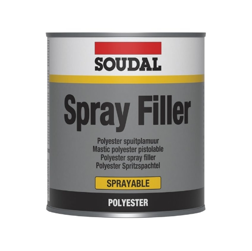 Afbeeldingen van Soudal Spray Filler grijs met bijhorende verharder, pot 1L - 100315