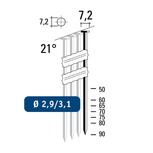 Hewitool stripnagel FN21 - 2.9x60mm 21° blank staal glad (2.9x7.2mm - 3000st - plastiek box) - FTFN212960-B