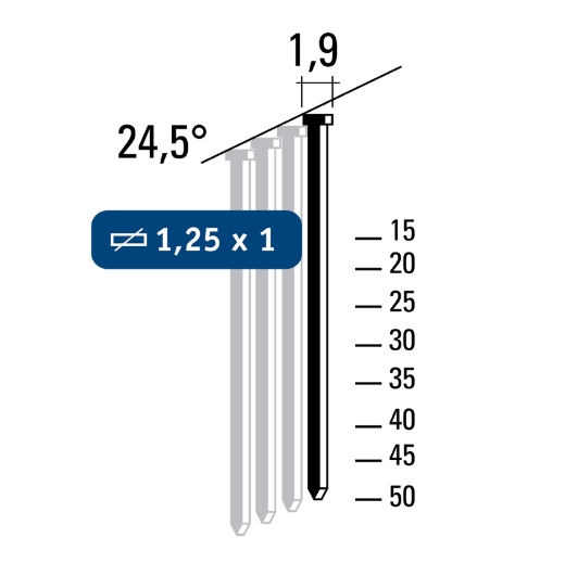 Hewitool minibrads F18 - 45mm 24.5° staal galva (1.25x1x1.9mm - 2000st) - FRAF450001