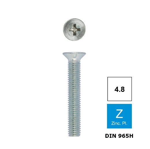 Afbeeldingen van Metaalschroef met verzonken kop en PH2 kruisindruk Din 965H M4x12 verzinkt 4.8