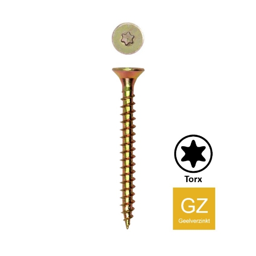 Afbeeldingen van Houtschroef Torx TX20 met volledige draad 4x20 geelverzinkt