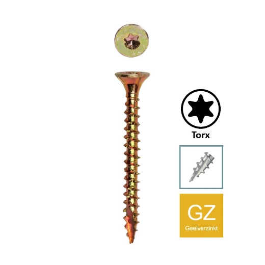 Afbeeldingen van Houtschroef Jet TX25 met voorsnijpunt en volledige draad 5x45 geelverzinkt