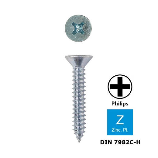 Afbeeldingen van Plaatschroef met verzonken kop Philips PH2 Din 7982C-H 3.5x22 verzinkt
