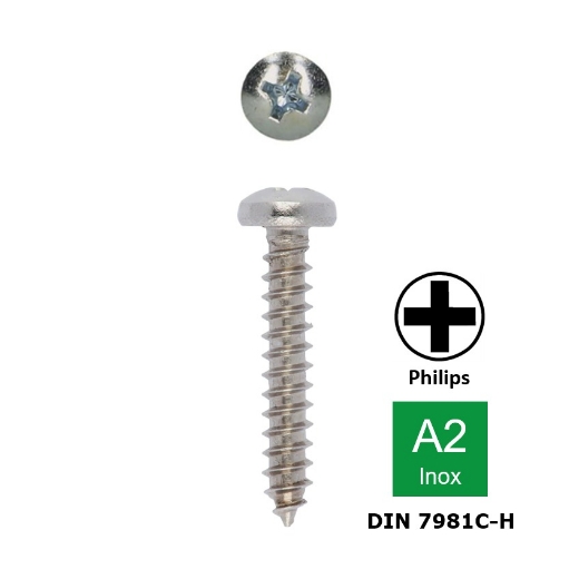 Plaatschroef met ronde kop Philips PH2 Din 7981C-H 3.5x6.5 inox A2
