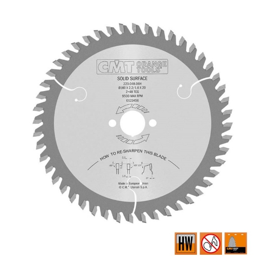 Afbeeldingen van CMT Speciaalzaag voor solid surface en harde kunststof 160x20x2.2mm Z48 HW - 223.048.06H