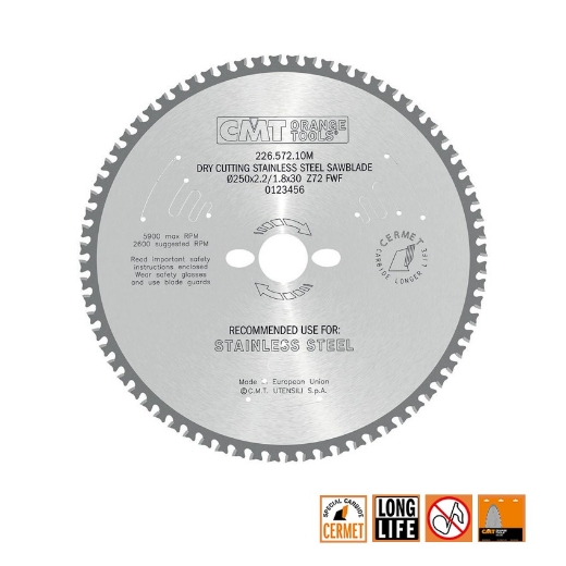 CMT Hard metaal zaagblad voor roestvast staal 250x30x2.2mm Z72 HW - 226.572.10M