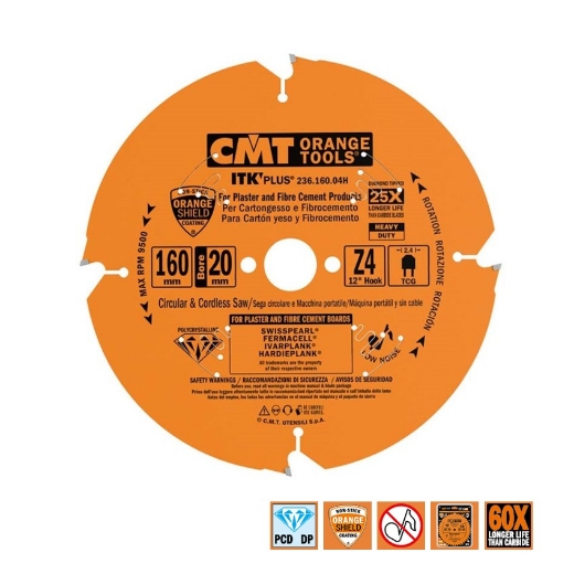 Afbeeldingen van CMT Diamantzaagblad voor sidings, cementvezel & gipsplaat 160x20x2.4mm Z4 DP - 236.160.04H