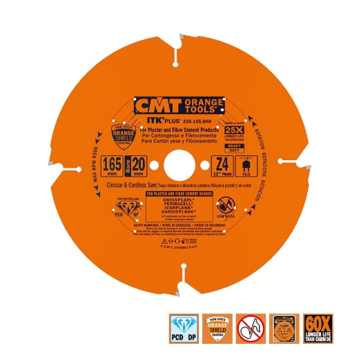 Afbeeldingen van CMT Diamantzaagblad voor sidings, cementvezel & gipsplaat 165x20(+15.87)x1.8mm Z4 DP - 236.165.04H