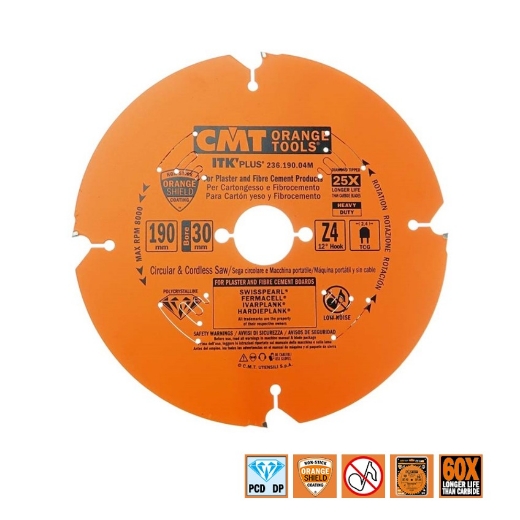 Afbeeldingen van CMT Diamantzaagblad voor sidings, cementvezel & gipsplaat 190x30x2.4mm Z4 DP - 236.190.04M
