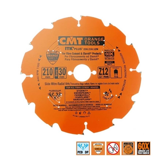 Afbeeldingen van CMT Diamantzaagblad voor sidings, cementvezel & gipsplaat 210x30x2.4mm Z12 DP - 236.210.12M