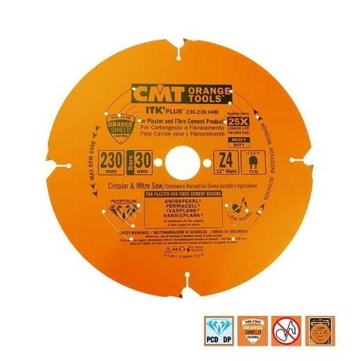 Afbeeldingen van CMT Diamantzaagblad voor sidings, cementvezel & gipsplaat 230x30x2.4mm Z4 DP - 236.230.04M