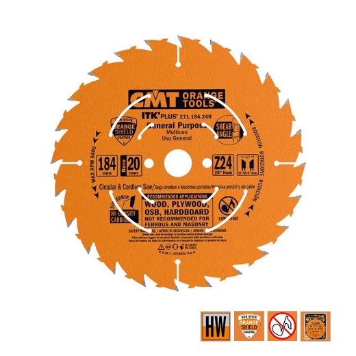 Afbeeldingen van CMT Dunne schulp-en afkortzaag voor massief hout & multiplex 184x20(+16 +15.87)x1.7mm Z24 HW - 271.184.24H