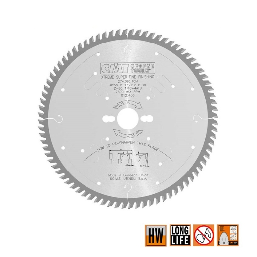Afbeeldingen van CMT Superfijne afkortzaag voor massief hout & kunststof 250x30x3.2mm Z80 HW - 274.080.10M