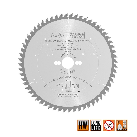 Afbeeldingen van CMT Zaagblad voor HPL & kunststof 250x30x3.2mm Z60 HW - 281.061.10M