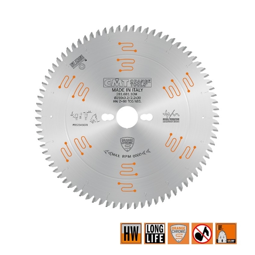 Afbeeldingen van CMT Geluidsarm zaag met chroom -coating zonder voorrits-unit voor HPL & kunststof 250x30x3.2mm Z80 HW - 281.681.10M