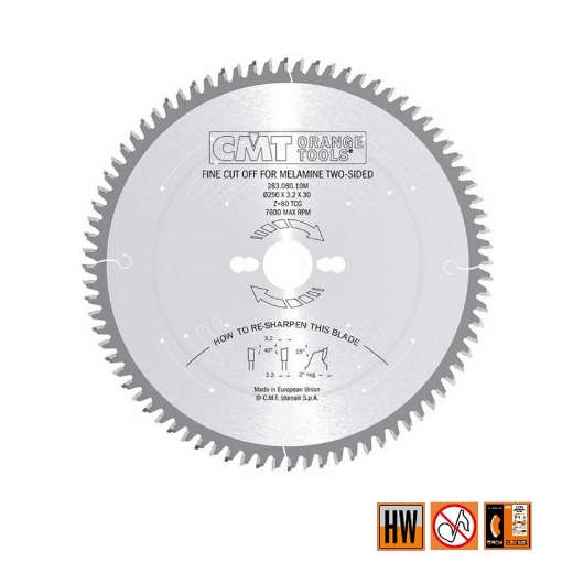 Afbeeldingen van CMT Hardmetalen zaagblad voor fijne afwerking, voor melamine & dunne houtsoorten 250x30x3.2mm Z80 HW - 283.080.10M