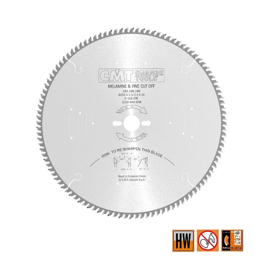 Afbeeldingen van CMT Hardmetalen zaagblad voor fijne afwerking, voor melamine & dunne houtsoorten 350x30x3.5mm Z108 HW - 283.108.14M
