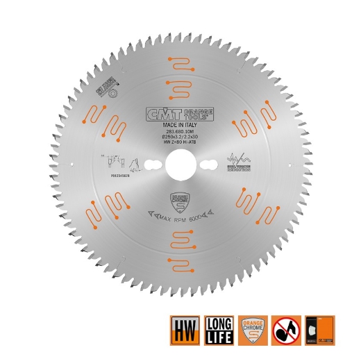 Afbeeldingen van CMT Geluidsarm zaagblad voor fijne afwerking, voor melamine & dunne houtsoorten 250x30x3.2mm Z80 HW - 283.680.10M