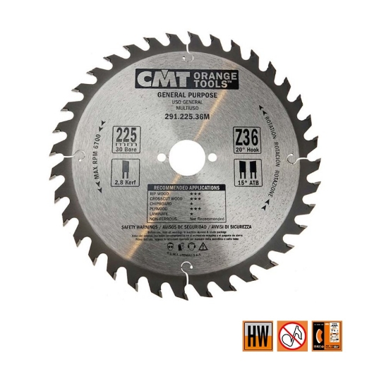 CMT Universele cirkelzaag voor draagbare machines, voor massief hout & multiplex 225x30x2.8mm Z36 HW - 291.225.36M