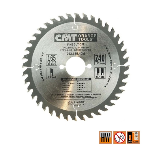 CMT Afkortcirkelzaag voor draagbare machines, voor massief hout 165x30x2.6mm Z40 HW - 292.165.40M