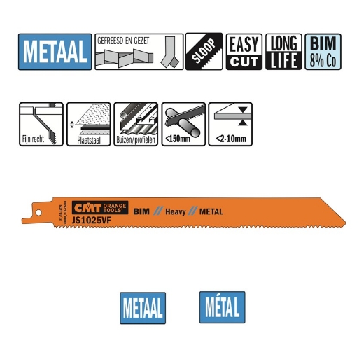 Afbeeldingen van CMT Reciprozaagblad voor plaatstaal & buizen L=200mm I=180mm H=19mm K=1.25mm DTZ=2-10mm Bim 8% Co, 5 stuks - JS1025VF-5