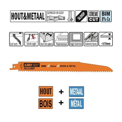 Afbeeldingen van CMT Reciprozaagblad voor hout met spijkers & plaatmateriaal L=225mm I=205mm H=22mm K=1.6mm DTZ=<175mm Bim 8% Co, 20 stuks - JS1110VF-20