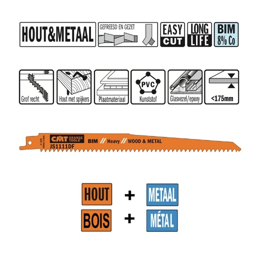 Afbeeldingen van CMT Reciprozaagblad voor plaatstaal & buizen L=225mm I=205mm H=19mm K=1.25mm DTZ=175mm Bim 8% Co, 5 stuks - JS1111DF-5