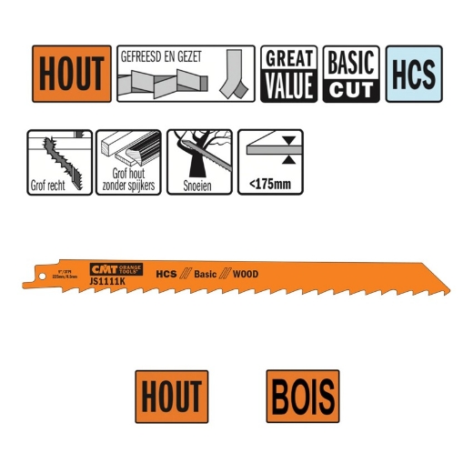 Afbeeldingen van CMT Reciprozaagblad voor grof hout & tuinhout L=225mm I=205mm H=19mm K=1.25mm DTZ=<175mm HCS, 5 stuks - JS1111K-5
