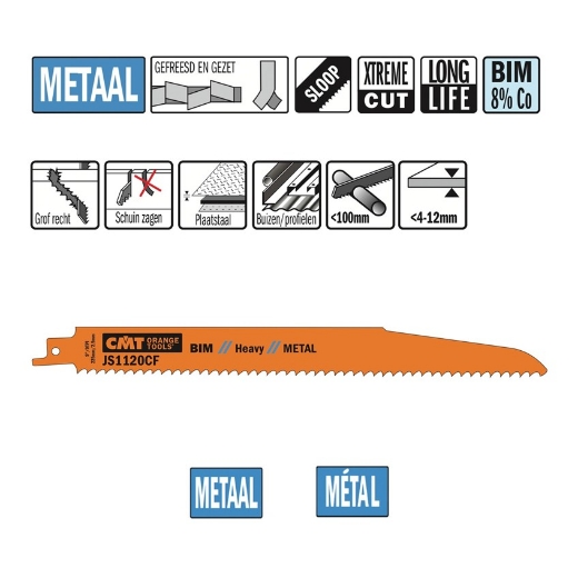 Afbeeldingen van CMT Reciprozaagblad voor plaatstaal & buizen L=225mm I=205mm H=22mm K=1.6mm DTZ=4-12mm Bim 8% Co, 5 stuks - JS1120CF-5