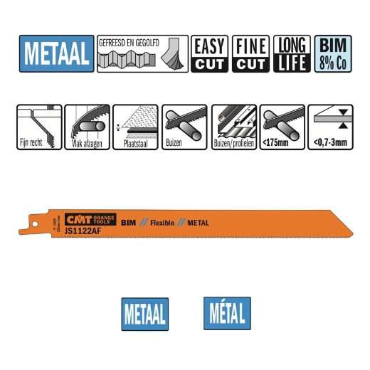 Afbeeldingen van CMT Reciprozaagblad voor plaatstaal & buizen L=225mm I=205mm H=19mm K=0.9mm DTZ=0.7-3mm Bim 8% Co, 5 stuks - JS1122AF-5