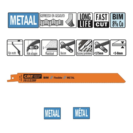 Afbeeldingen van CMT Reciprozaagblad voor plaatstaal & buizen L=225mm I=205mm H=19mm K=0.9mm DTZ=3-8mm Bim 8% Co, 20 stuks - JS1122BF-20