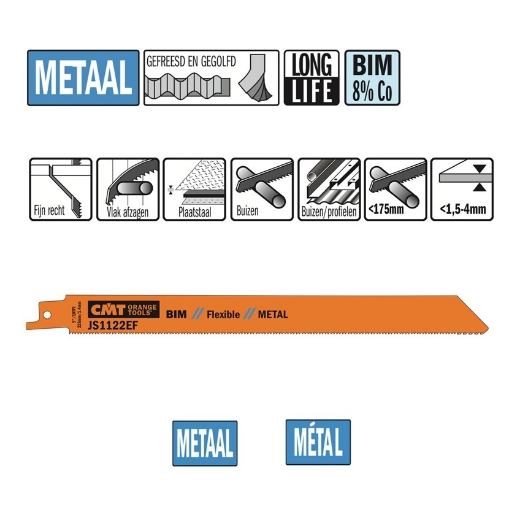 Afbeeldingen van CMT Reciprozaagblad voor plaatstaal & buizen L=225mm I=205mm H=19mm K=0.9mm DTZ=1.5-4mm Bim 8% Co, 20 stuks - JS1122EF-20