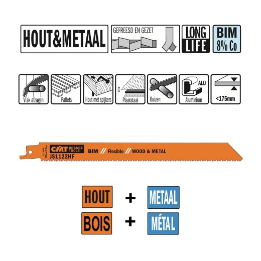 Afbeeldingen van CMT Reciprozaagblad voor hout met spijkers & aluminium L=225mm I=205mm H=19mm K=0.9mm DTZ=<175mm Bim 8% Co, 20 stuks - JS1122HF-20