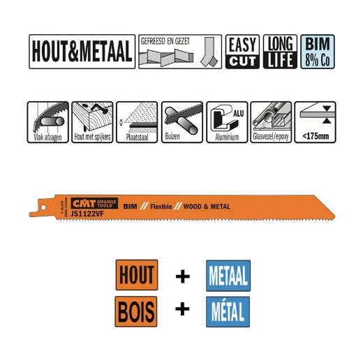 Afbeeldingen van CMT Reciprozaagblad voor hout met spijkers & aluminium L=225mm I=205mm H=19mm K=0.9mm DTZ=<175mm Bim 8% Co, 5 stuks - JS1122VF-5