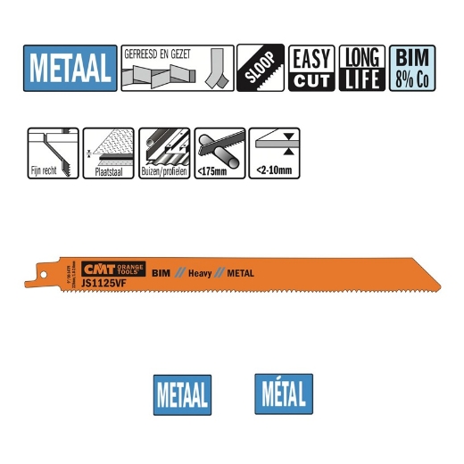 Afbeeldingen van CMT Reciprozaagblad voor hout met spijkers & aluminium L=225mm I=205mm H=19mm K=1.25mm DTZ=2-10mm Bim 8% Co, 100 stuks - JS1125VF-100