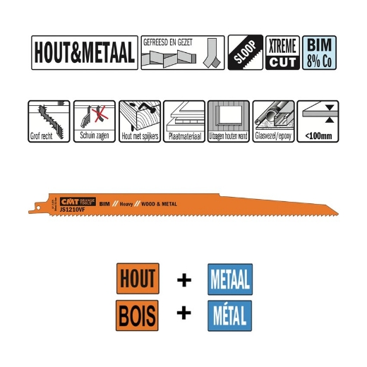 Afbeeldingen van CMT Reciprozaagblad voor hout met spijkers & plaatmateriaal L=300mm I=280mm H=22mm K=1.6mm DTZ=<250mm Bim 8% Co, 5 stuks - JS1210VF-5