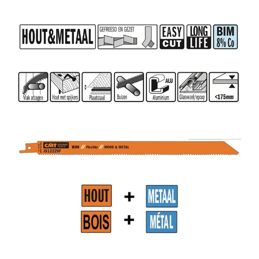 Afbeeldingen van CMT Reciprozaagblad voor hout met spijkers & aluminium L=300mm I=280mm H=19mm K=0.9mm DTZ=<250mm Bim 8% Co, 5 stuks - JS1222VF-5