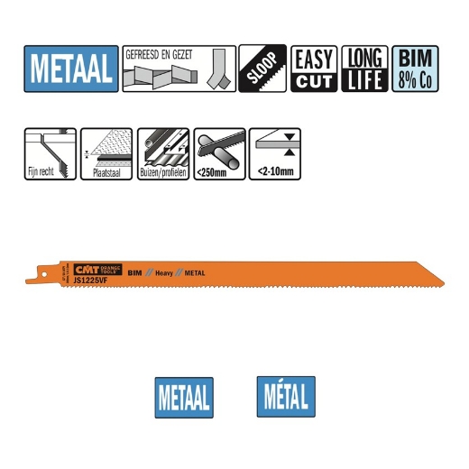 Afbeeldingen van CMT Reciprozaagblad voor plaatstaal & buizen L=300mm I=280mm H=19mm K=1.25mm DTZ=2-10mm Bim 8% Co, 5 stuks - JS1225VF-5