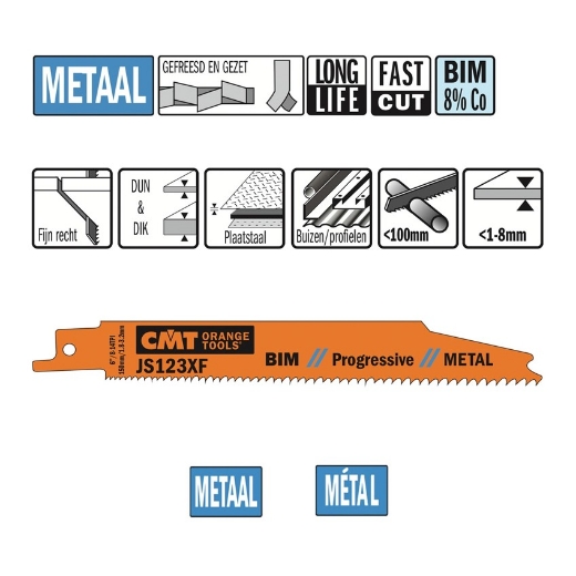 Afbeeldingen van CMT Reciprozaagblad voor plaatstaal & buizen L=150mm I=130mm H=19mm K=0.9mm DTZ=1-8mm Bim 8% Co, 5 stuks - JS123XF-5