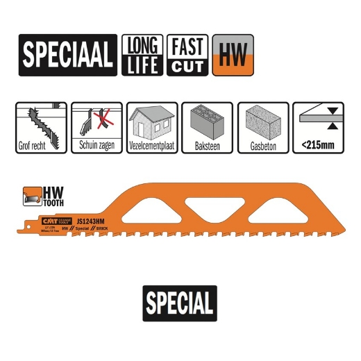Afbeeldingen van CMT Reciprozaagblad voor baksteen & vezelcementplaat L=305mm I=250mm H=50mm K=1.5mm DTZ=<215mm HW - JS1243HM