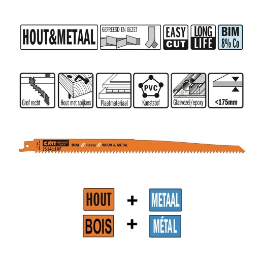 Afbeeldingen van CMT Reciprozaagblad voor hout met spijkers en kunststof L=300mm I=280mm H=19mm K=1.25mm DTZ=<250mm Bim 8% Co, 5 stuks - JS1411DF-5