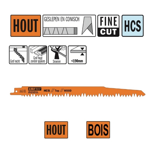 Afbeeldingen van CMT Reciprozaagblad voor grof hout & tuinhout L=240mm I=220mm H=19mm K=1.5mm DTZ=<190mm HCS, 5 stuks - JS1531L-5