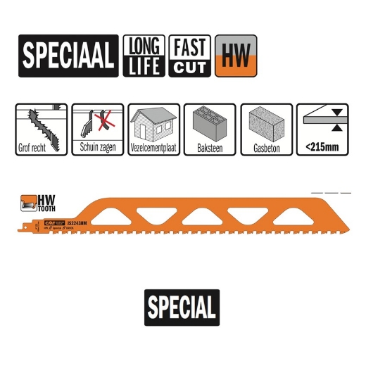 Afbeeldingen van CMT Reciprozaagblad voor baksteen & vezelcementplaat L=455mm I=400mm H=50mm K=1.5mm DTZ=<365mm HW - JS2243HM