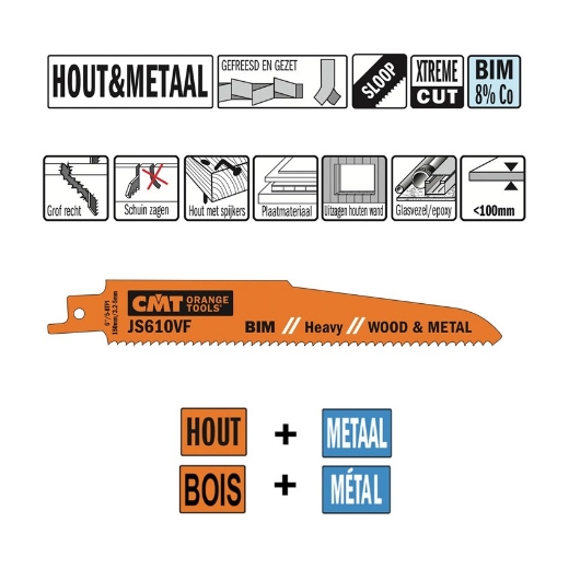 Afbeeldingen van CMT Reciprozaagblad voor hout met spijkers & plaatmateriaal L=150mm I=130mm H=22mm K=1.6mm DTZ=<100mm Bim 8% Co, 5 stuks - JS610VF-5