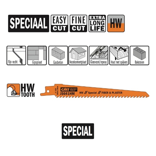 Afbeeldingen van CMT Reciprozaagblad voor hout met spijkers en gasbeton L=150mm I=130mm H=19mm K=1.25mm DTZ=<100mm HW, 2 stuks - JS641HM-2