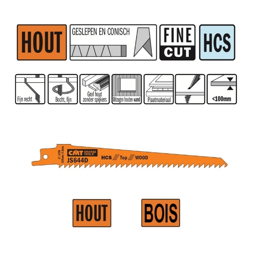 Afbeeldingen van CMT Reciprozaagblad voor plaatmateriaal en grof hout L=150mm I=130mm H=19mm K=1.25mm DTZ=<100mm HCS, 5 stuks - JS644D-5