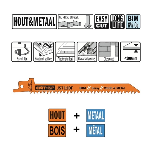 Afbeeldingen van CMT Reciprozaagblad voor hout met spijkers & plaatmateriaal L=150mm I=130mm H=12mm K=1.25mm DTZ=<100mm Bim 8% Co, 5 stuks - JS711DF-5