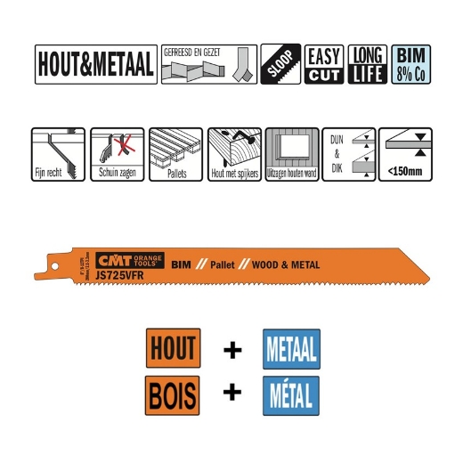 Afbeeldingen van CMT Reciprozaagblad voor hout met spijkers en pallets L=200mm I=180mm H=19mm K=1.27mm DTZ=<150mm Bim 8% Co, 5 stuks - JS725VFR-5