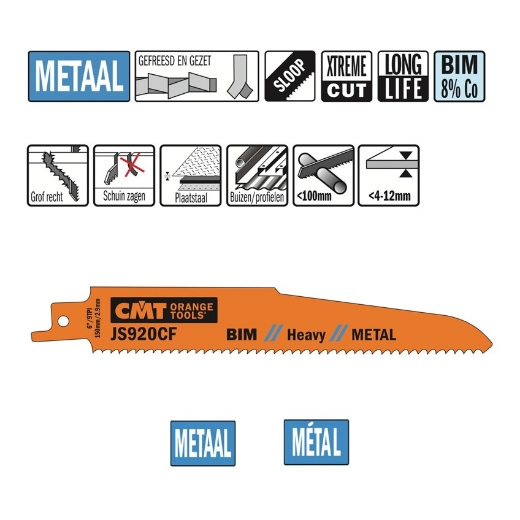 Afbeeldingen van CMT Reciprozaagblad voor plaatstaal & buizen L=150mm I=130mm H=22mm K=1.6mm DTZ=4-12mm Bim 8% Co, 5 stuks - JS920CF-5