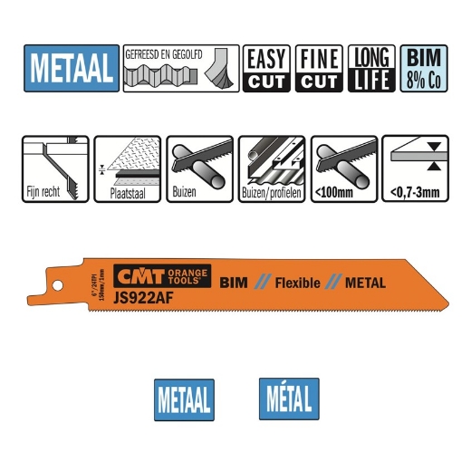 Afbeeldingen van CMT Reciprozaagblad voor plaatstaal & buizen L=150mm I=130mm H=19mm K=0.9mm DTZ=0.7-3mm Bim 8% Co, 5 stuks - JS922AF-5